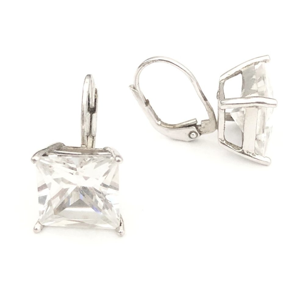 10mm Big Square 925 Sterling Silver Loop Earrings with Clear CZ